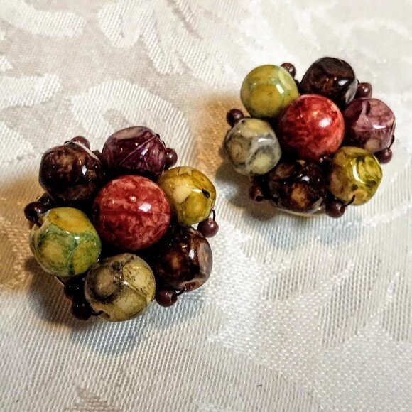 Vintage Multicolor Polished Bead Clip-On Earrings - Picture 1 of 5